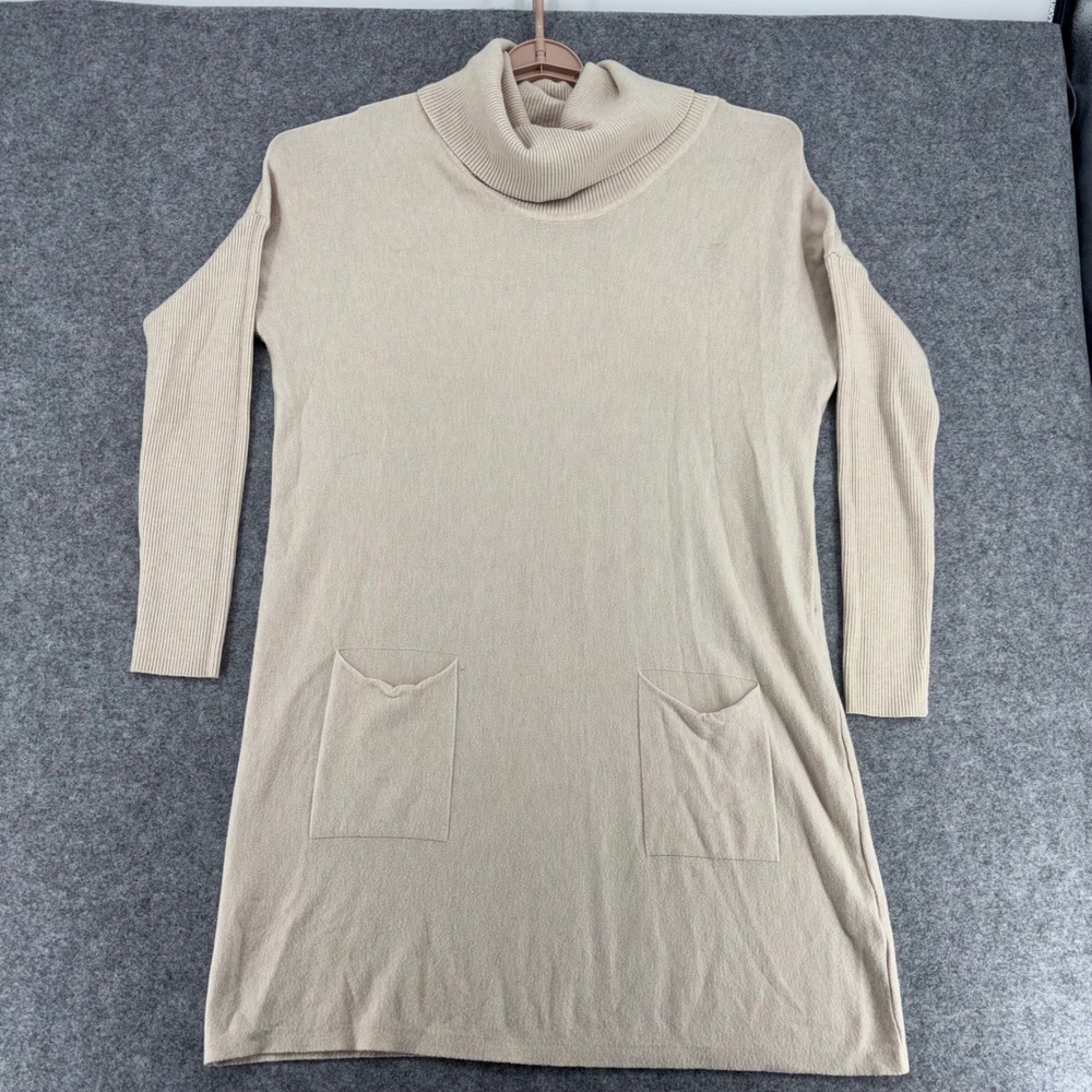 Fleur De Lis Womens Beige Cashmere Blend Cowl Neck Tunic Sweater Large Pockets